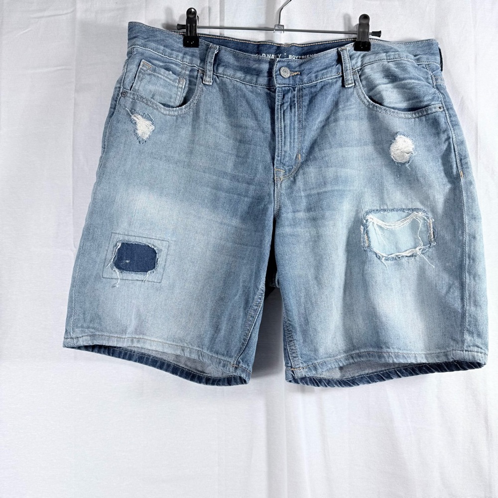 Old Navy Jean‎ Shorts Women Size 10 Patches Fringe Distressed 8” Inseam